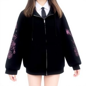 Sweat Japonais Femme WWricotta Capuche Couleur Unie Noir